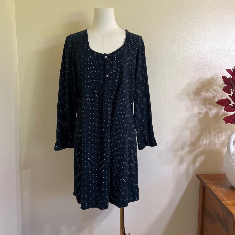 Chaps Womens Navy Blue Polka Dot 100% Cotton Nightgown Long Sleeve Sleep Shirt L